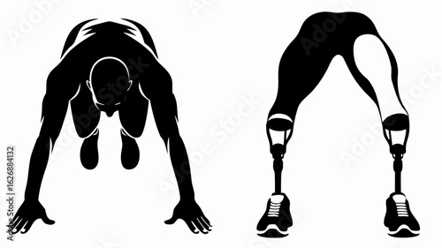 Illustration of two athletes in starting positions one with prosthetic legs ready for a sprint race event silhouette