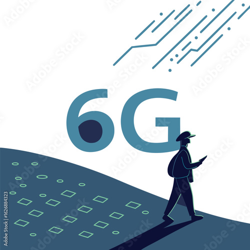 Illustration of 6g technology with a man walking and using his phone isolated on white background