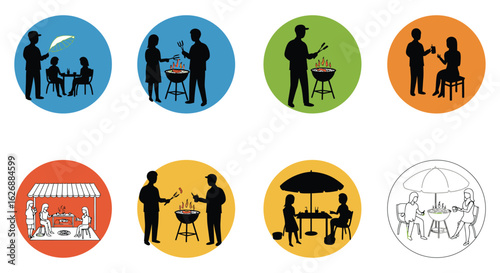 Collection of oval silhouettes depicting outdoor social gatherings and food events