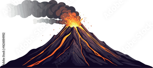A powerful volcanic eruption spewing fiery lava and dark smoke into the sky from its cone shaped mountain peak