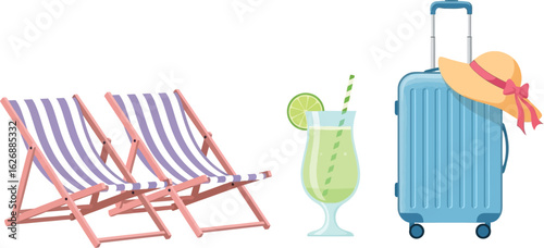 Two striped beach chairs a refreshing tropical cocktail with lime and straw and a blue rolling suitcase with a straw hat on top ready for vacation