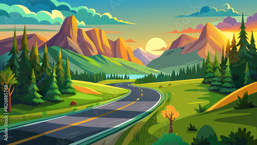 A winding asphalt road gently curves through the valley, where vibrant green trees blanket the hillsides. In the distance, majestic mountains rise under soft golden-pink hues of sunset.