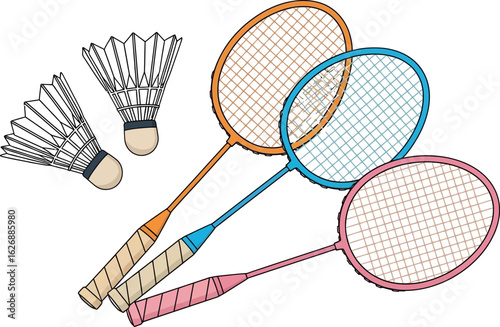 Three colorful badminton rackets and two white shuttlecocks arranged diagonally on a white background representing a sports concept