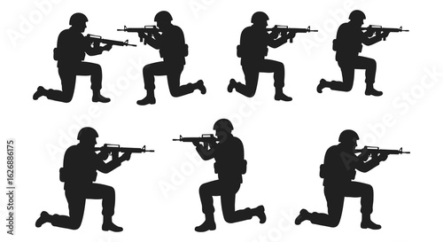 Silhouette of soldiers in tactical gear kneeling with rifles