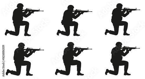 Silhouette of soldiers in tactical gear kneeling with rifles