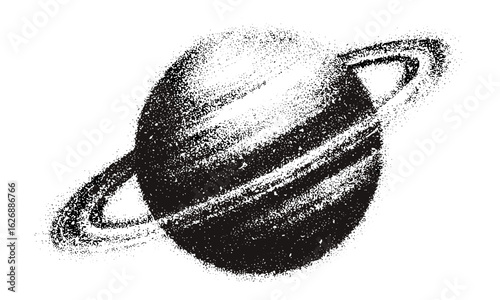 Grainy halftone planet with stipple effect for punk collage and retro banner design. Vector illustration in textured photocopy style, ideal for Y2K grunge, 90s nostalgia, cosmic galaxy vibes