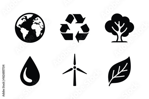 Earth recycling symbol tree water drop wind turbine leaf globe arrows