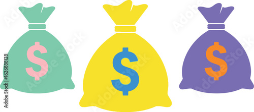 Three colorful stylized money bags with dollar signs in mint green yellow and purple representing wealth and financial success