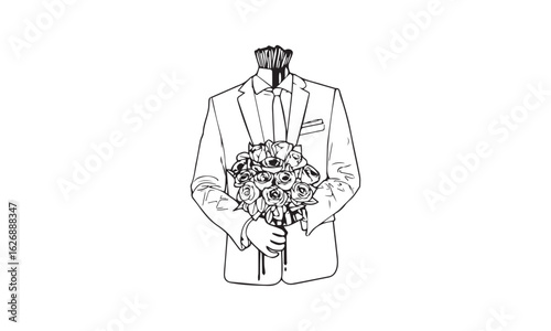 Headless Suit Holding a Bouquet of Roses