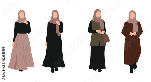 Four Muslim Women in Different Hijab Styles and Modest Fashion Outfits
