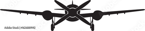 Black Silhouette of a TwinEngine Airplane with Rotating Propellers