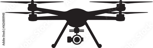 Front view silhouette of a modern quadcopter drone with four propellers and a mounted camera