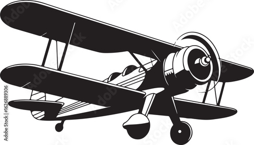 Vintage Biplane Aircraft Vector Illustration with Propeller and Landing Gear in Black and White