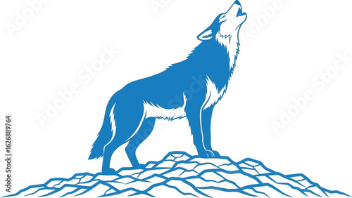 Majestic blue wolf howling at the moon silhouette standing proudly on a rocky outcrop under a starry night sky