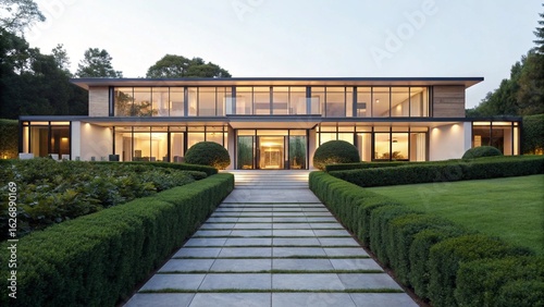 This striking contemporary mansion stands as a testament to minimalist design and open-plan living, with its vast windows revealing warm interior lighting