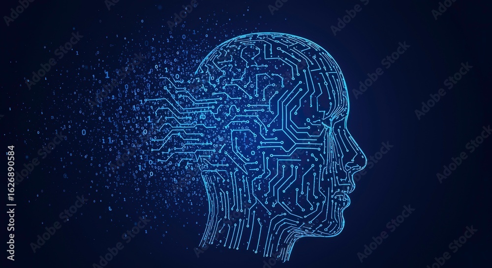 Obraz premium Artificial Intelligence Neural Network Digital Brain Human Head Concept Representing Technology and Future Innovation with Binary Code Scattered
