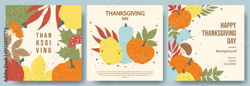Thanksgiving Day Card or Poster set with Pumpkins, Leaves and Mushrooms with Vintage Texture. Modern Thanks Giving Background or Banner Trendy Style. Autumn Fall Template Design for Social Media, Web.