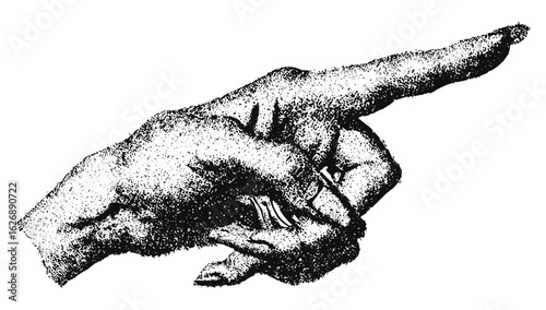 Vintage stipple hand pointing gesture collage, retro grainy texture with halftone photocopy effect. Vector illustration for psychedelic grunge 90s poster, tattoo, surrealism, and punk art