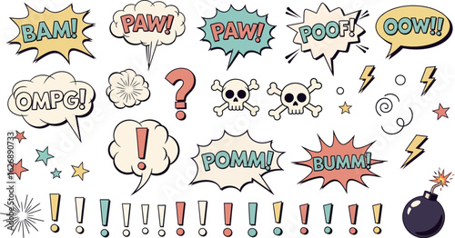 Collection of comic book style speech bubbles with various onomatopoeia words and graphic elements like exclamation marks and lightning bolts