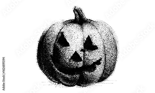 Psychedelic retro pumpkin lantern collage element with vintage stippling photocopy halftone effect. Creepy Halloween horror vector poster with surreal experimental grunge dotted texture