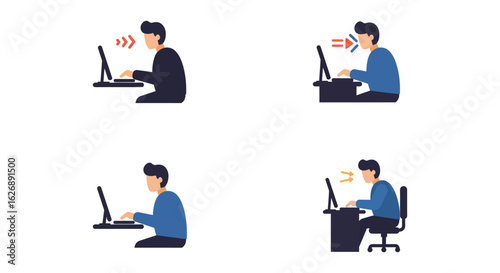 Illustrations of Correct and Incorrect Posture While Using a Computer at Desk