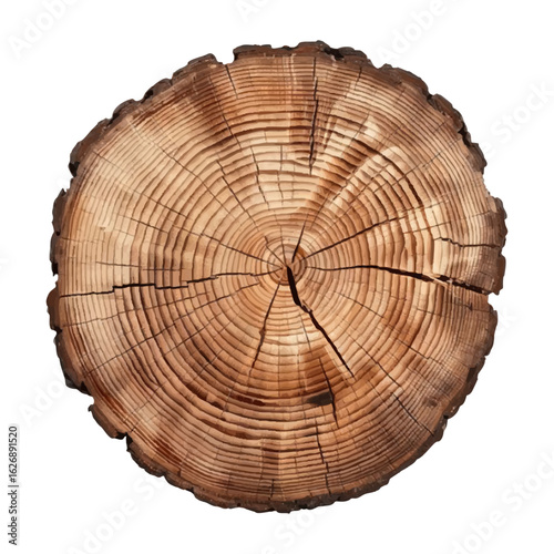 Top view of a tree trunk cross section with detailed annual growth rings, cracks, and natural wood texture, ideal for forestry education, timber industry, rustic design, and organic patterns