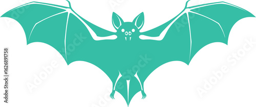 A striking teal silhouette of a bat with outstretched wings and detailed features presented against a clean white background perfect for halloween or spooky themes