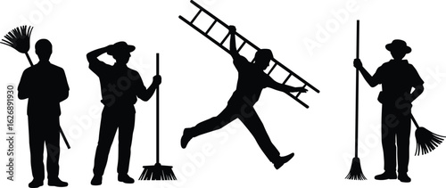 cleaning tools in dynamic poses, ideal for housekeeping, janitorial services, maintenance work, and workplace safety themes