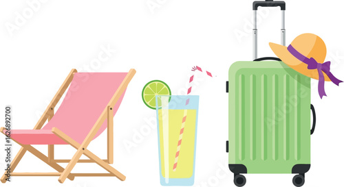 Bright green rolling suitcase with a yellow straw hat adorned with a purple ribbon sits next to a tall yellow cocktail with a lime slice and a pink beach chair on a white background