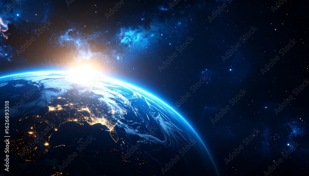 Fototapeta premium Earth rising in a vibrant space background