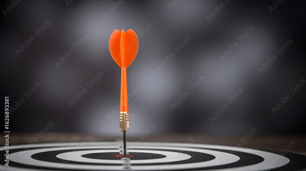 Fototapeta premium Bullseye: The image showcases a focused orange dart precisely hitting the center of a dartboard, symbolizing precision, achievement, and a clear objective in a visual narrative