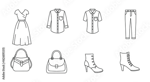 Fashionable women s clothing and accessories line art collection for design projects