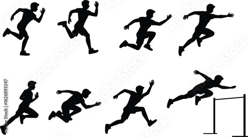 Running and hurdling silhouette sequence, showing athlete motion stages, ideal for sports illustrations, physical education projects, vector art, and design