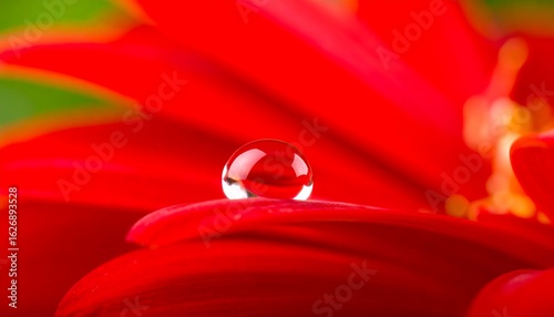 A vibrant red flower petal with a single water droplet
