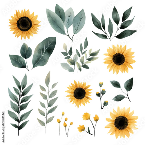 Collection of vibrant yellow sunflowers and greenery botanical elements isolated on transparent background