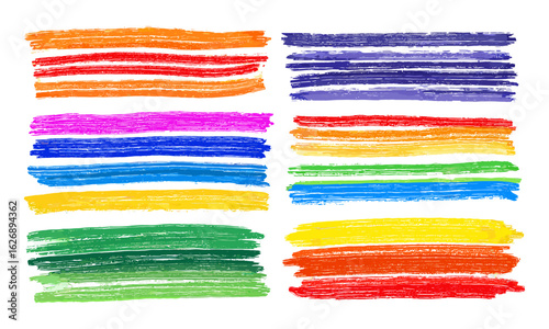 Rainbow striped backgrounds with hand-drawn chalk, wax crayon textures. vibrant doodle stripe pattern design, abstract illustration.