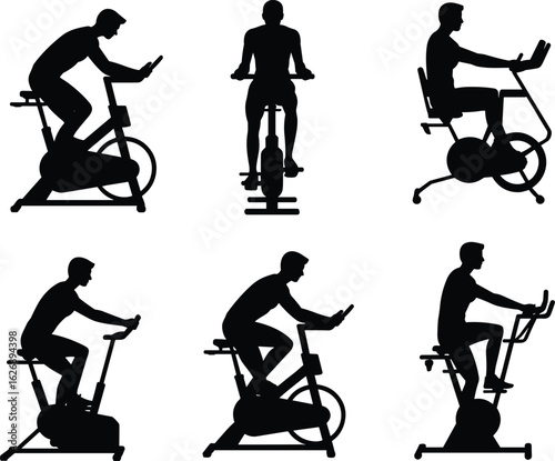Silhouettes of individuals exercising on stationary bikes, showcasing fitness training, workout movement, gym equipment, and active lifestyle concepts
