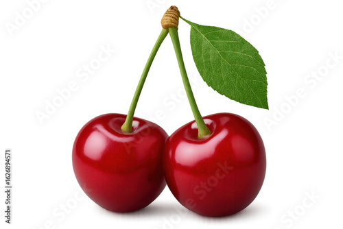 Two ripe red cherries with leaf and stems on transparent background