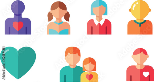 Collection of diverse people icons with hearts symbolizing love relationships and community connections in a flat design style