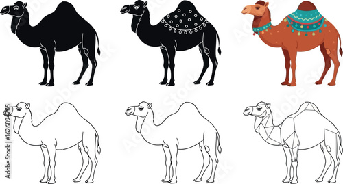 Collection of six diverse camel illustrations showcasing silhouette black and white line art and a colorful decorated dromedary with saddle