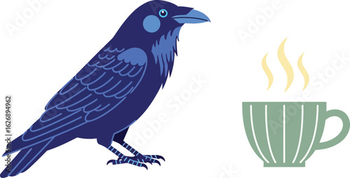 A stylishly illustrated dark blue raven perched next to a steaming green striped mug of hot beverage on a white background