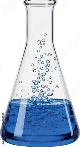 A clear glass erlenmeyer flask filled with vibrant blue liquid and numerous small bubbles rising through the solution on a white background