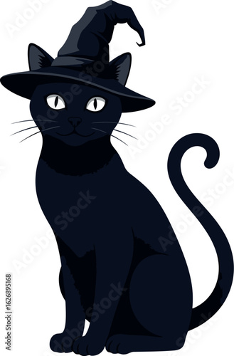A cute black cat wearing a pointed witch hat sits patiently its bright white eyes looking forward ready for halloween festivities and spooky fun