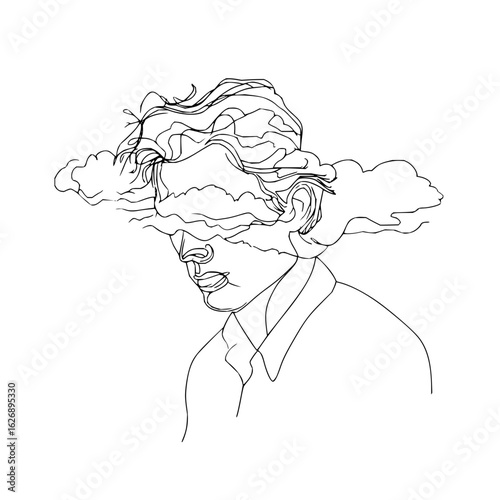 Line art of a man with a cloud obscuring his face and hair in a minimalist style drawing design