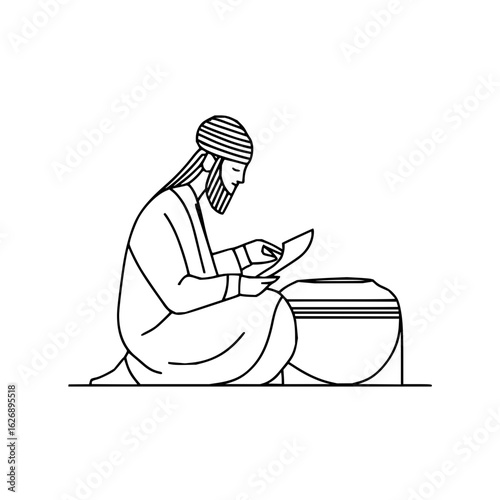 Line drawing of a man with a turban reading a document while kneeling next to a large pot design