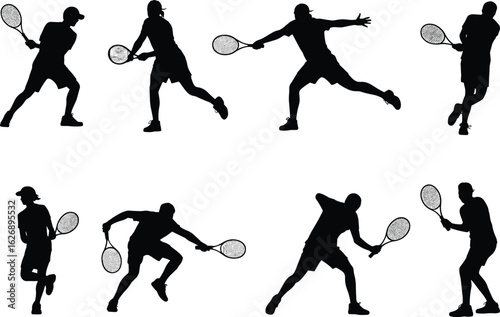 Silhouettes of tennis players in dynamic action poses with rackets, perfect for sports design, fitness illustration, and vector artwork
