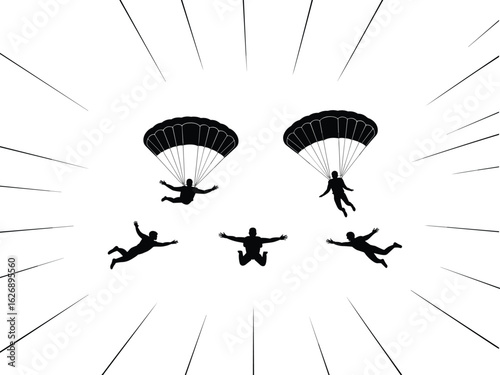 Skydiver silhouettes in midair and parachute deployment with radiating motion lines—perfect for extreme sports, aviation art, and thrill-themed design