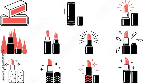 Collection of stylized illustrations of lipsticks in various poses and packaging showcasing vibrant coral and red hues with sparkling effects and abstract design elements