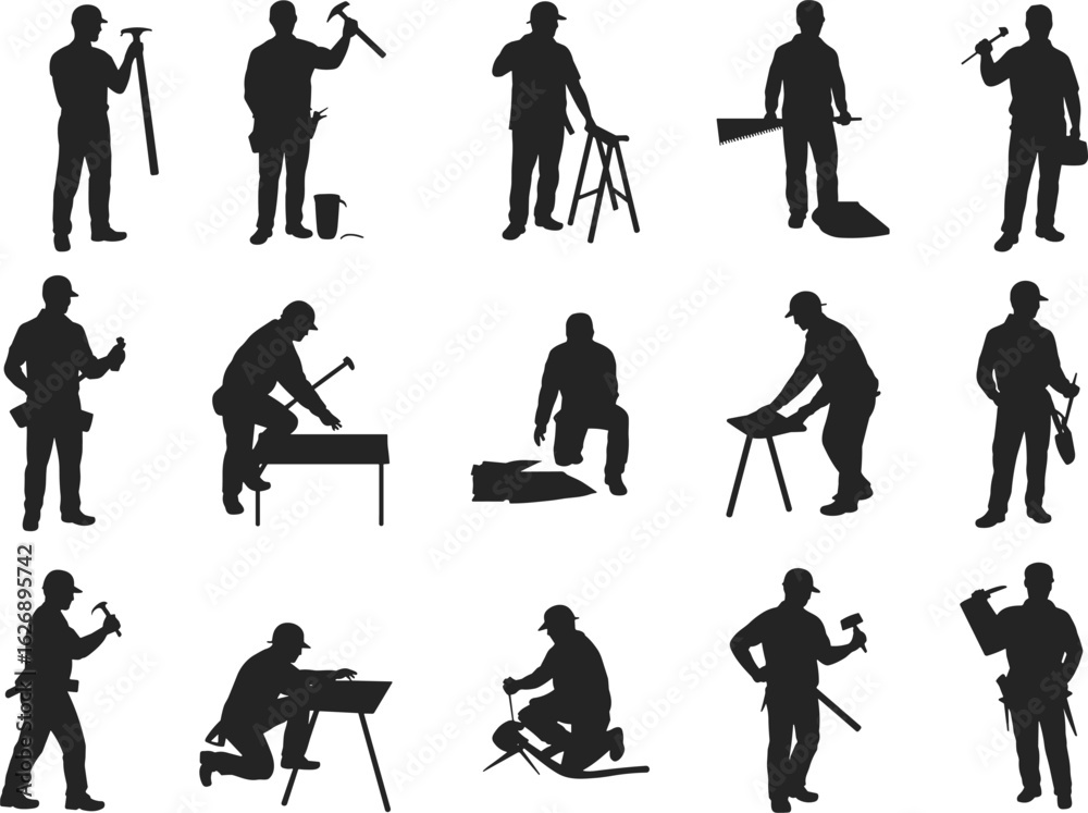 Obraz premium workers performing tasks like hammering, sawing, and measuring, perfect for labor, industry, safety, teamwork visuals