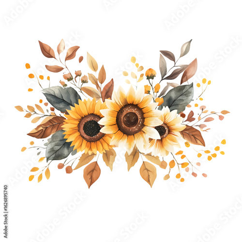 Beautiful watercolor arrangement of bright yellow sunflowers and autumn leaves isolated on transparent background
